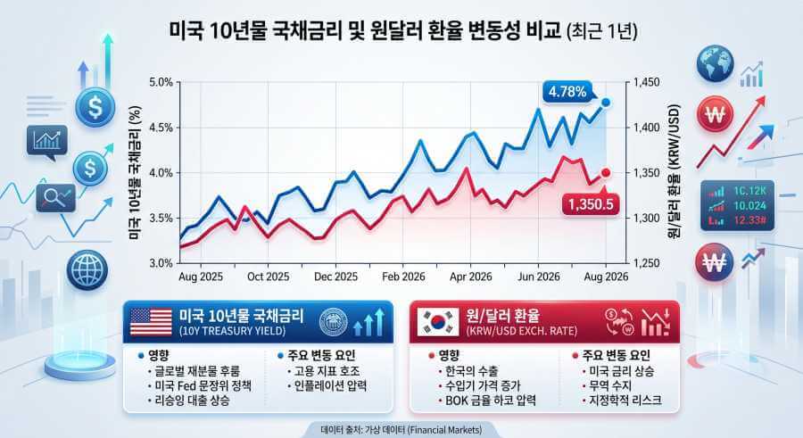 미 국채 10년물 금리 및 원·달러 환율 추이