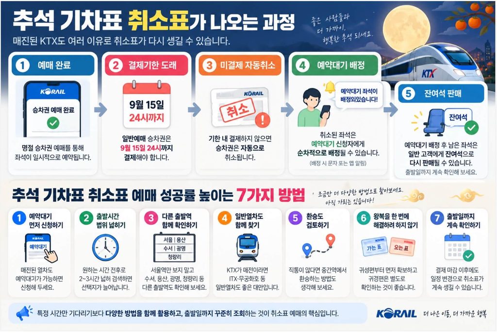 결제마감 → 자동취소 → 예약대기 배정 → 잔여석 발생 과정 인포그래픽