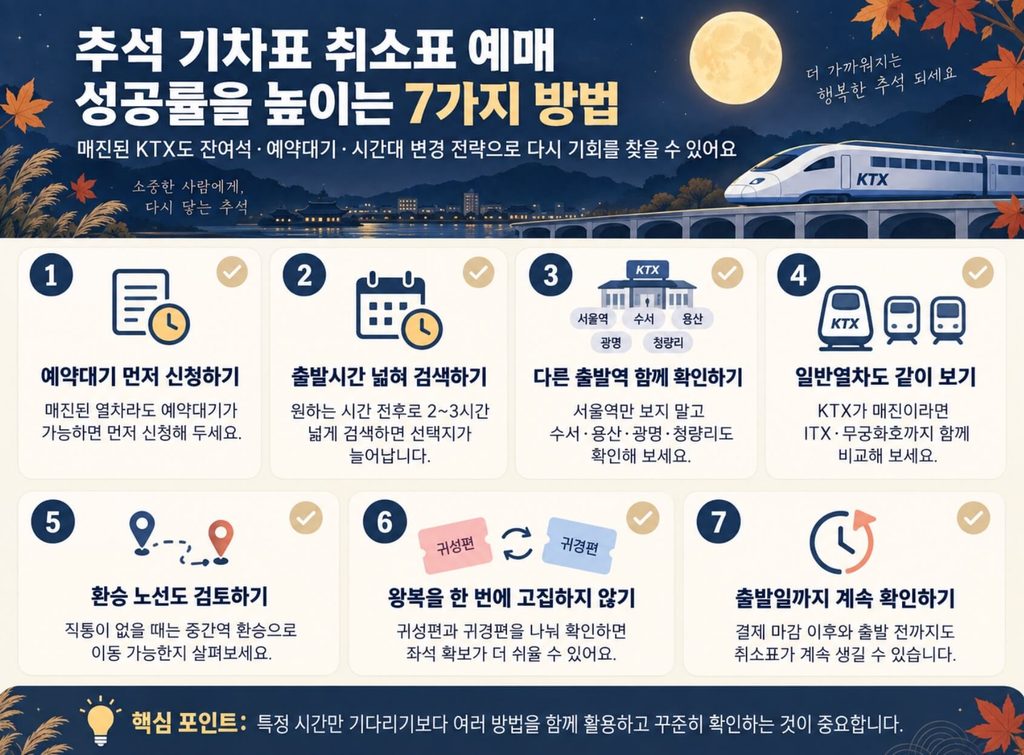 취소표 성공률을 높이는 7가지 방법을 한눈에 보여주는 체크리스트형 인포그래픽