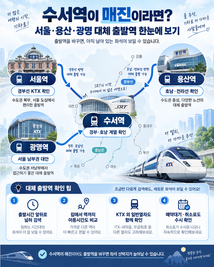 수서역을 중심으로 서울·용산·광명역을 함께 보여주는 대체 출발역 지도형 인포그래픽