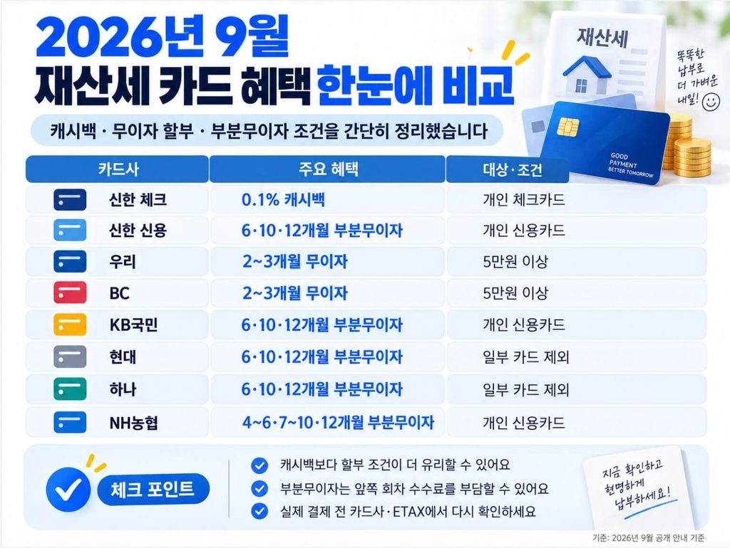 2026 재산세 카드 혜택, 캐시백·청구할인·무이자 할부 카드사별 비교